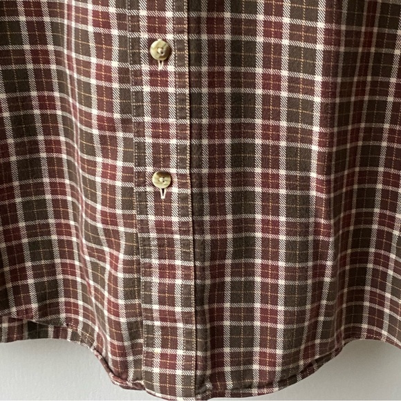 LL Bean cotton Shirt Size Medium Long ML brown plaid burgundy red Button Down - Picture 14 of 16